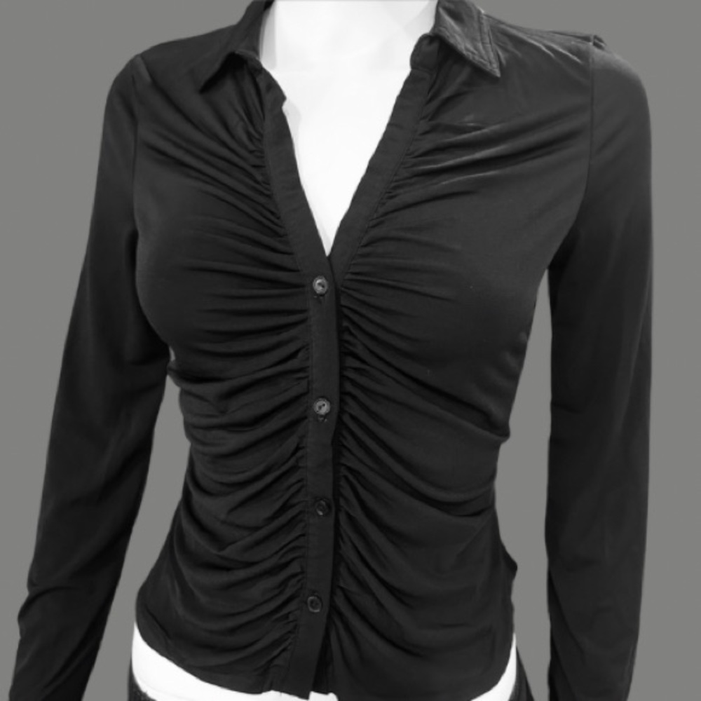 New Black Button Down Ruched Collared Blouse - image 8